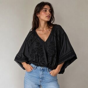 Ariat Black Embroidered Boho Blouse Kimono Sleeve Tencel Top Size L